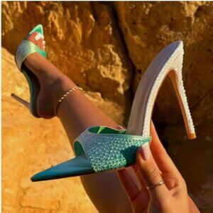FSJ Green Gradient High Heels Sandals Suede Slip on Open Toe Mules Sexy Shoes